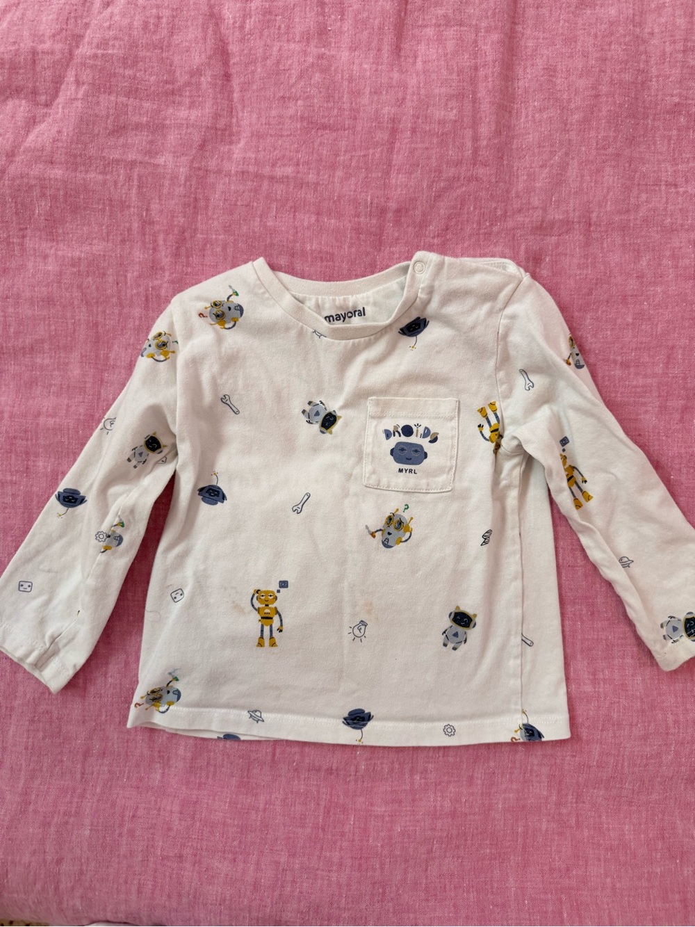 Mayoral Cream Long-Sleeve Kids Robot Pocket Tee with Yellow Accents